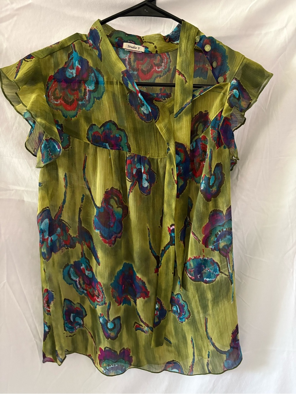Studio Y Olive Green Floral Tie-Neck Flutter Sleeve Blouse